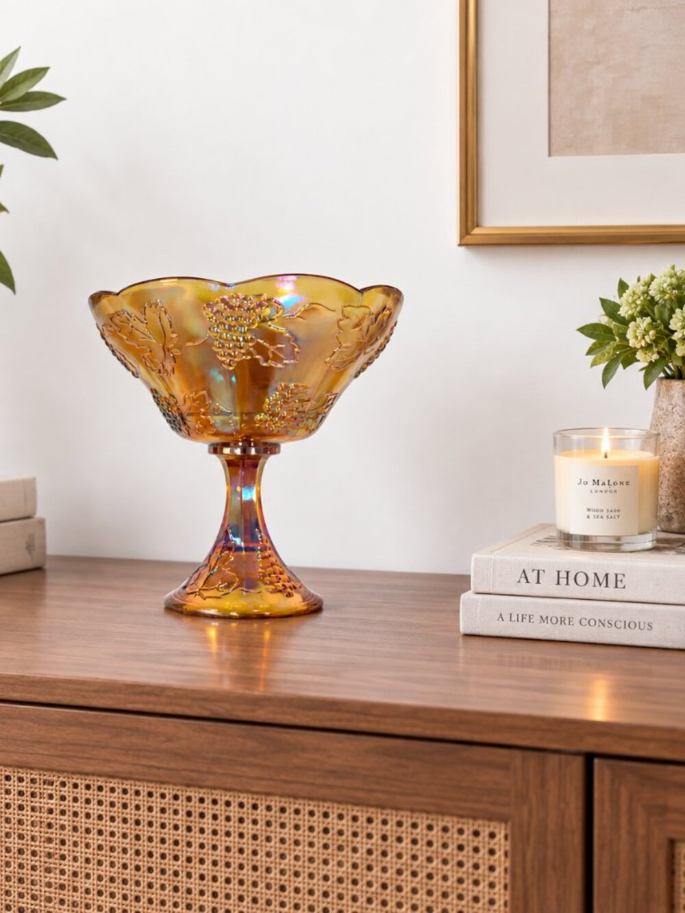 Indiana Glass Harvest Grape Carnival Glass Pedestal Compote Amber Marigold